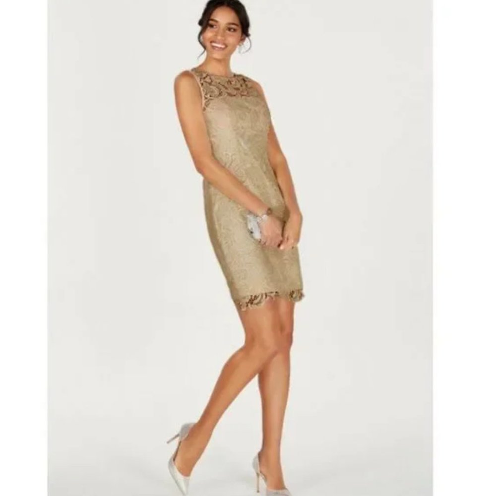 28.) NWT Adrianna Papell Gold Lace Illusion Sheath Dress- Size 4- MSRP $248